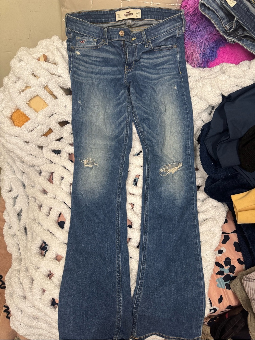 Hollister Women's Medium Blue Distressed Wide Leg Jeans